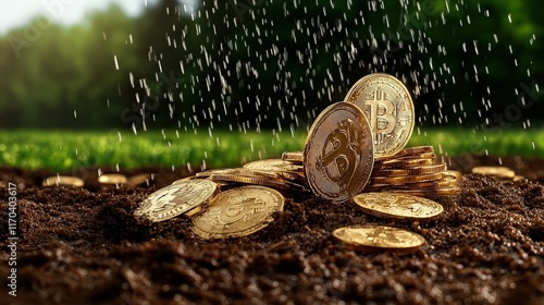 A Pile of Shiny Coins Nestled Amidst Rich Dark Earth in a Rustic Setting Evoking Themes of Wealth Abundance and Nature's Bounty photo