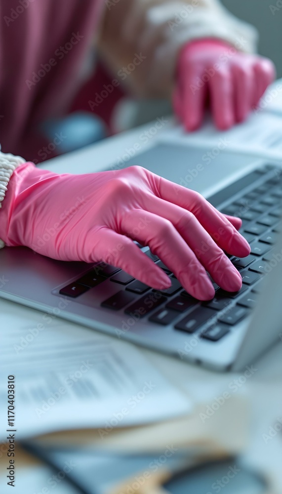 person typing on a laptop with gloves