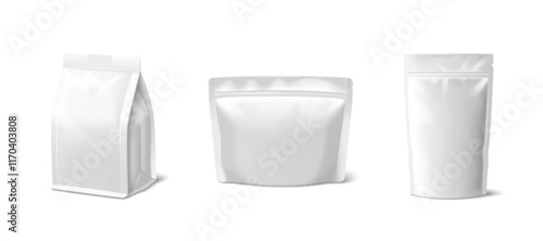White paper bags set isolated on background. Vector realistic illustration of 3D pouch mockups with zip lock and blank surface for product branding, resealable food, coffee, tea, snack packaging