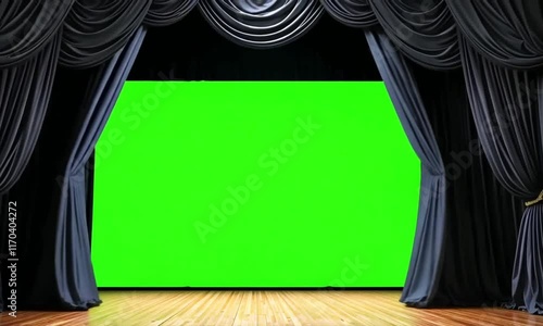 The black curtain opens to reveal a green screen on a stage