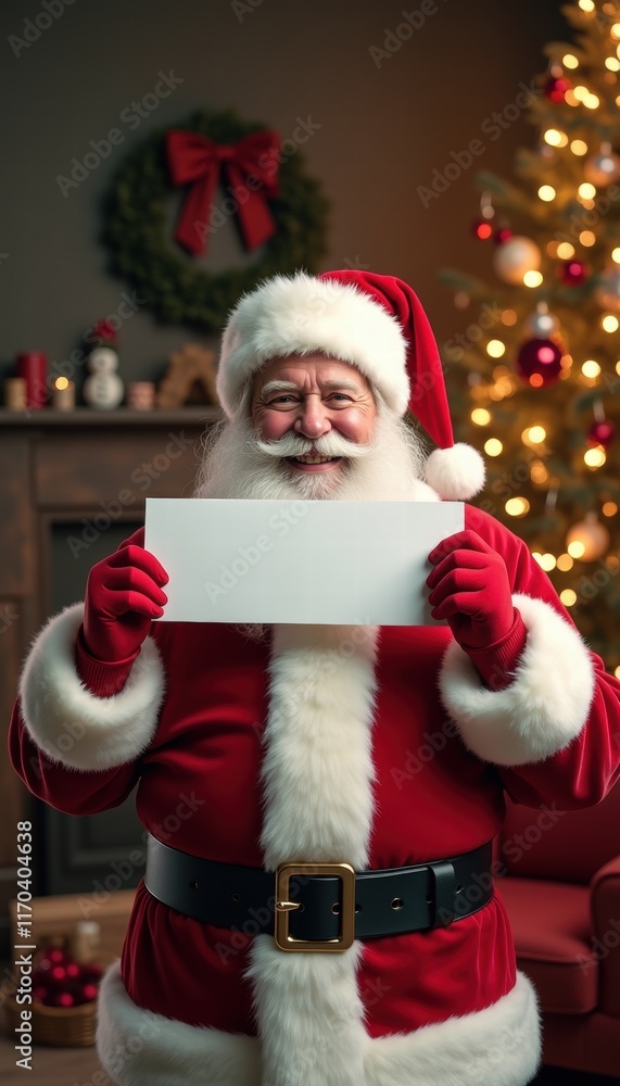 A cheerful Santa Claus holding a blank sign in a festive setting, perfect for Christmas promotions, greetings, or advertising campaigns. A cheerful Santa Claus holding a blank sign in a festive setting, perfect for Christmas promotions, greetings, or advertising campaigns.