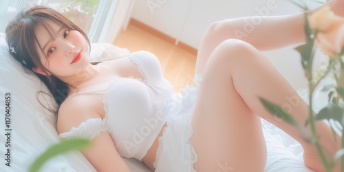 朝、寝起きにくつろぐ女性。写真風素材。