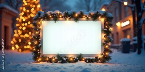 A beautifully decorated blank signframe surrounded by festive lights and snow, ideal for holiday promotions, events, or seasonal marketing campaigns. photo