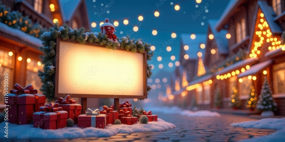Obraz premium A cozy winter street scene adorned with festive lights, gifts, and a blank sign, perfect for holiday promotions and seasonal advertisements.
