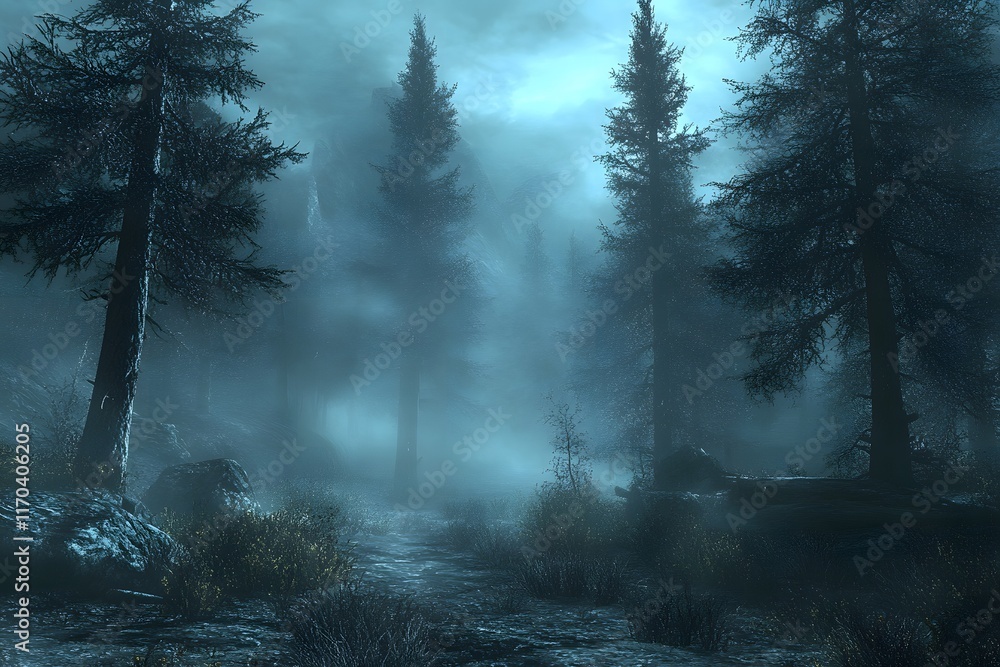 Naklejka premium A Misty Night Path Through A Dark Forest