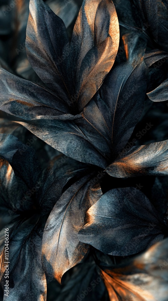 Dark leaves with golden undertones create a striking contrast in this textured botanical composition.