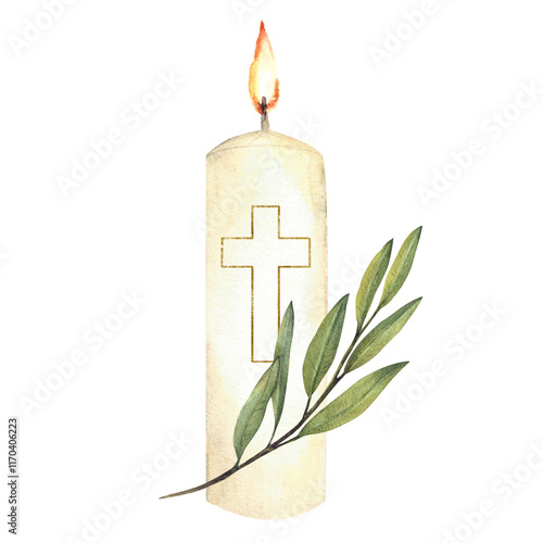 White burning church candle with golden cross and green olive tree branch. Watercolor religious hand drawn illustration for christening, wedding, Easter, funeral card design. Isolated from background