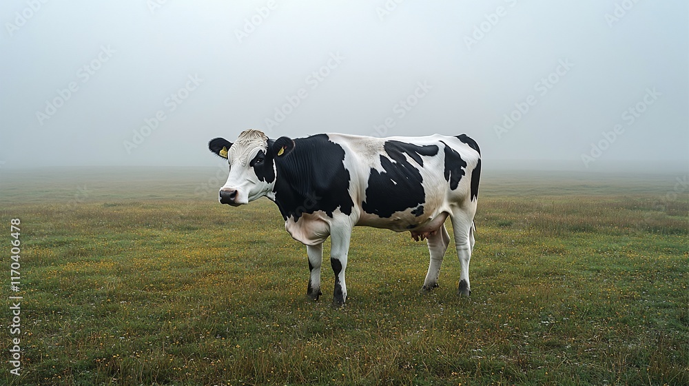Black and white cow stands in foggy field Black and white cow stands in foggy field