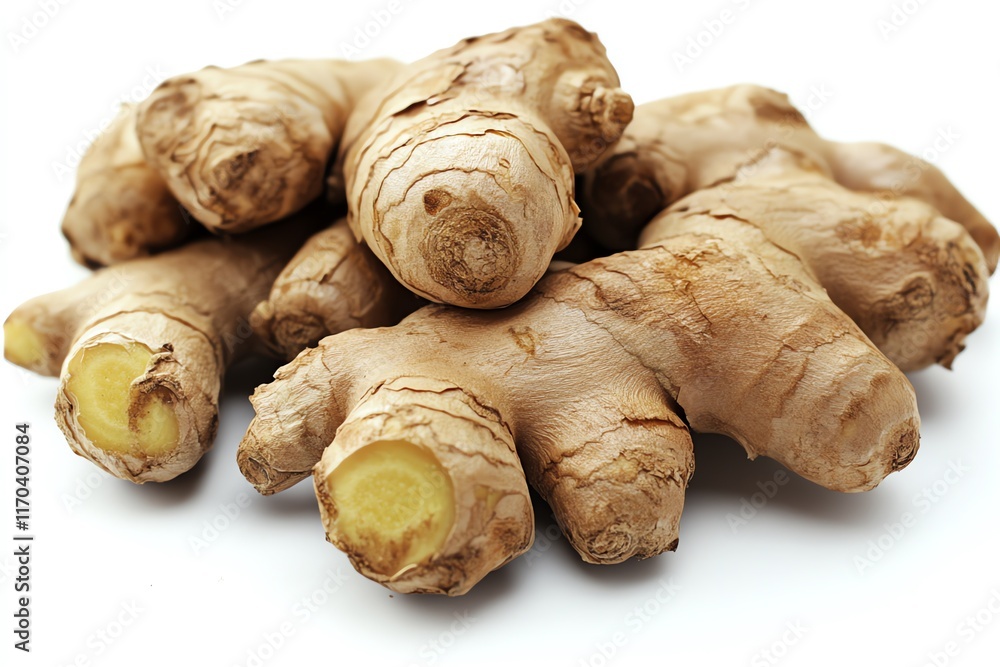 A pile of fresh ginger root isolated on a white background. A pile of fresh ginger root isolated on a white background.