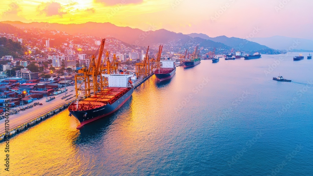 Fototapeta premium Cargo Management and Warehouse Scheduling Solutions concept. Scenic harbor at sunset with ships and vibrant colors.