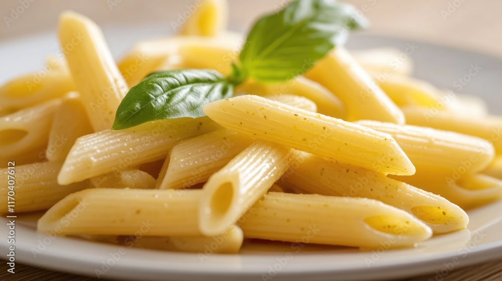 Pasta on a white plate with a green leaf