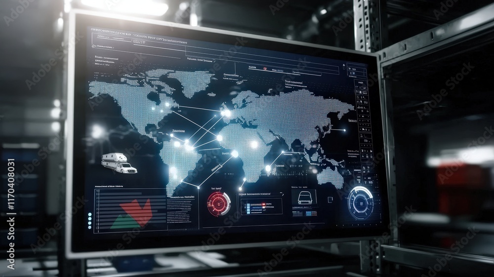 Cargo Management and Warehouse Scheduling Solutions concept. High-tech screen displaying a digital world map and data interfaces. Cargo Management and Warehouse Scheduling Solutions concept. High-tech screen displaying a digital world map and data interfaces.