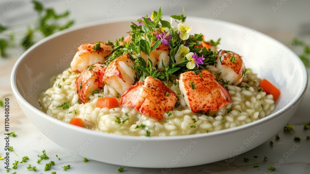 Lobster risotto with green herbs and edible flowers Lobster risotto with green herbs and edible flowers