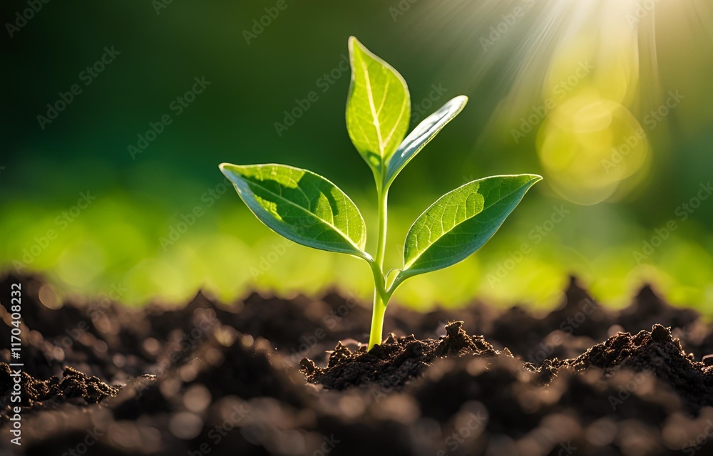 Fototapeta premium Green Seedling Growing in Soil with Sunlight and Bokeh Background