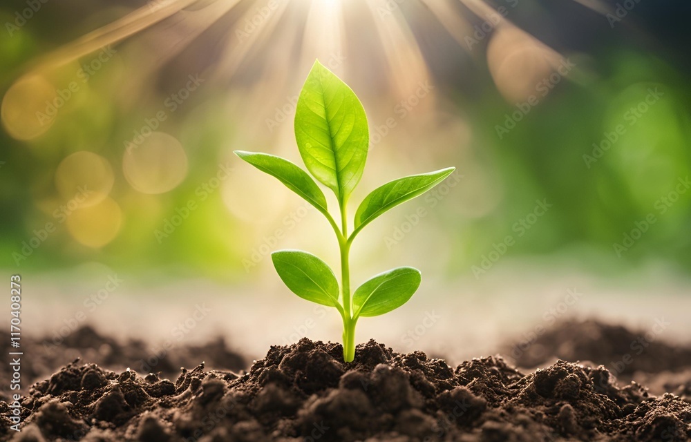 Green Seedling Growing in Soil with Sunlight and Bokeh Background