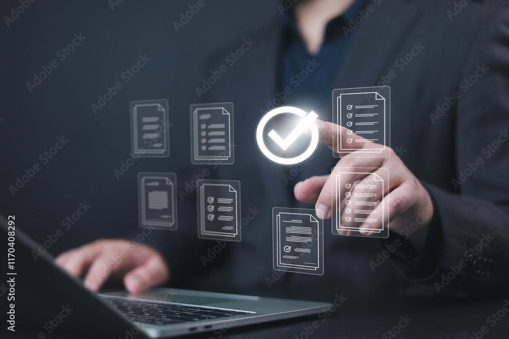 Show document management system concept on laptop. Managing corporate file information, document work management with technology software for archiving, document, technology, quality, file Show document management system concept on laptop. Managing corporate file information, document work management with technology software for archiving, document, technology, quality, file