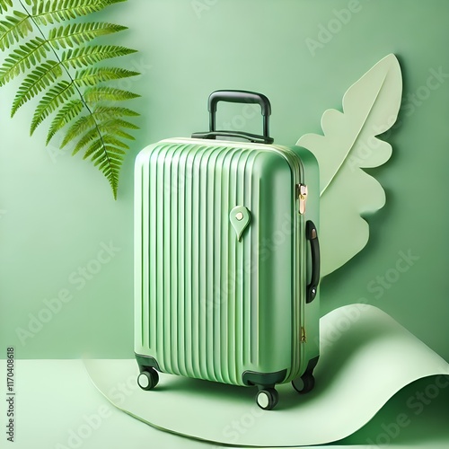 Stylish fashionable green travel suitcase looks elegant on a soft green background, creates a feeling of minimalism and modernity, the concept of travel