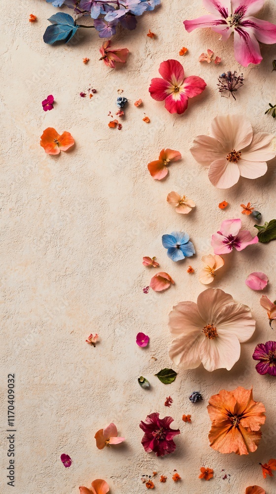 A vibrant arrangement of assorted flowers in various colors and sizes, cascading elegantly across a soft beige background. A vibrant arrangement of assorted flowers in various colors and sizes, cascading elegantly across a soft beige background.