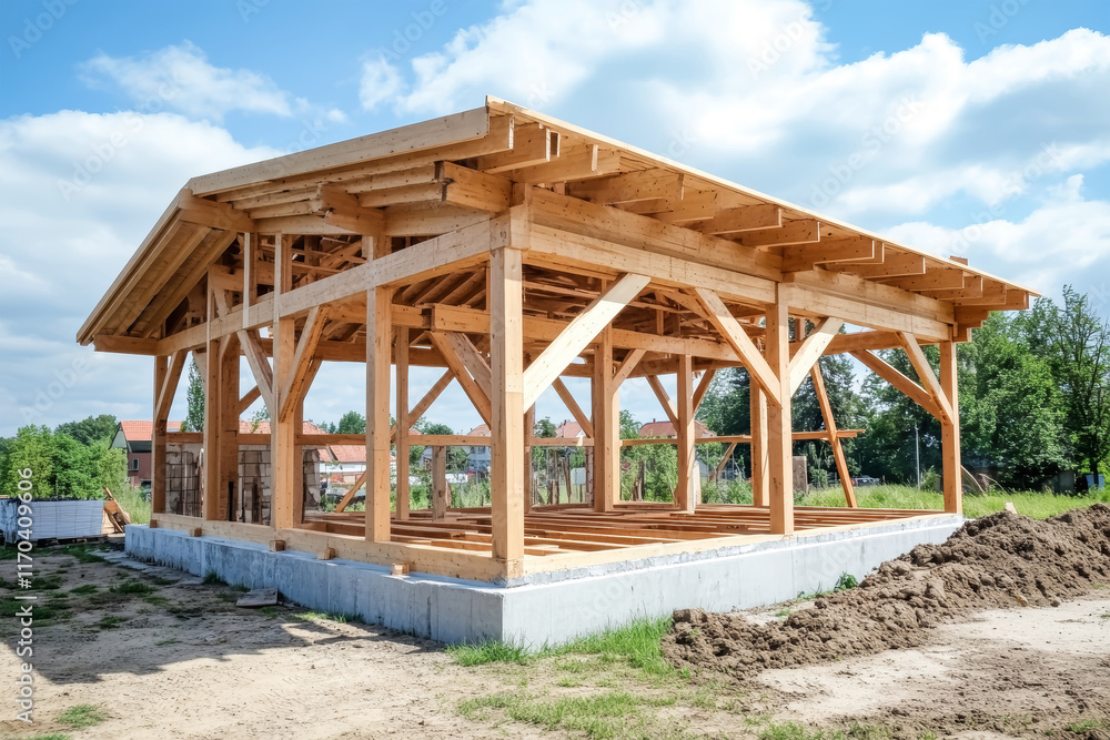 Modern wooden house under construction with timber framing showcasing craftsmanship and design on a sunny day Modern wooden house under construction with timber framing showcasing craftsmanship and design on a sunny day