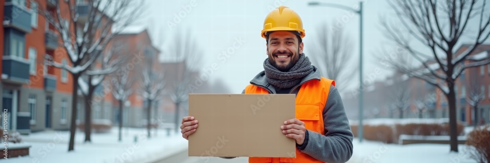 A cheerful construction worker in winter attire holds a blank sign, ideal for promoting projects or services in cold weather conditions. A cheerful construction worker in winter attire holds a blank sign, ideal for promoting projects or services in cold weather conditions.