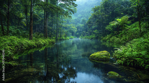 Tranquil stream flows through lush green rainforest.