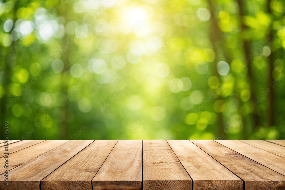 Close up top wooden table with sunny abstract green nature background, blurred bokeh Close up top wooden table with sunny abstract green nature background, blurred bokeh