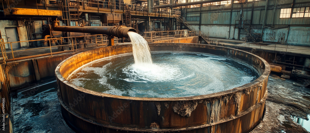 Industrial thickener tank with flowing water in a rustic metalworking facility Industrial thickener tank with flowing water in a rustic metalworking facility