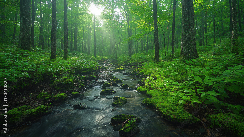 Obraz premium Misty forest stream with sunlight.