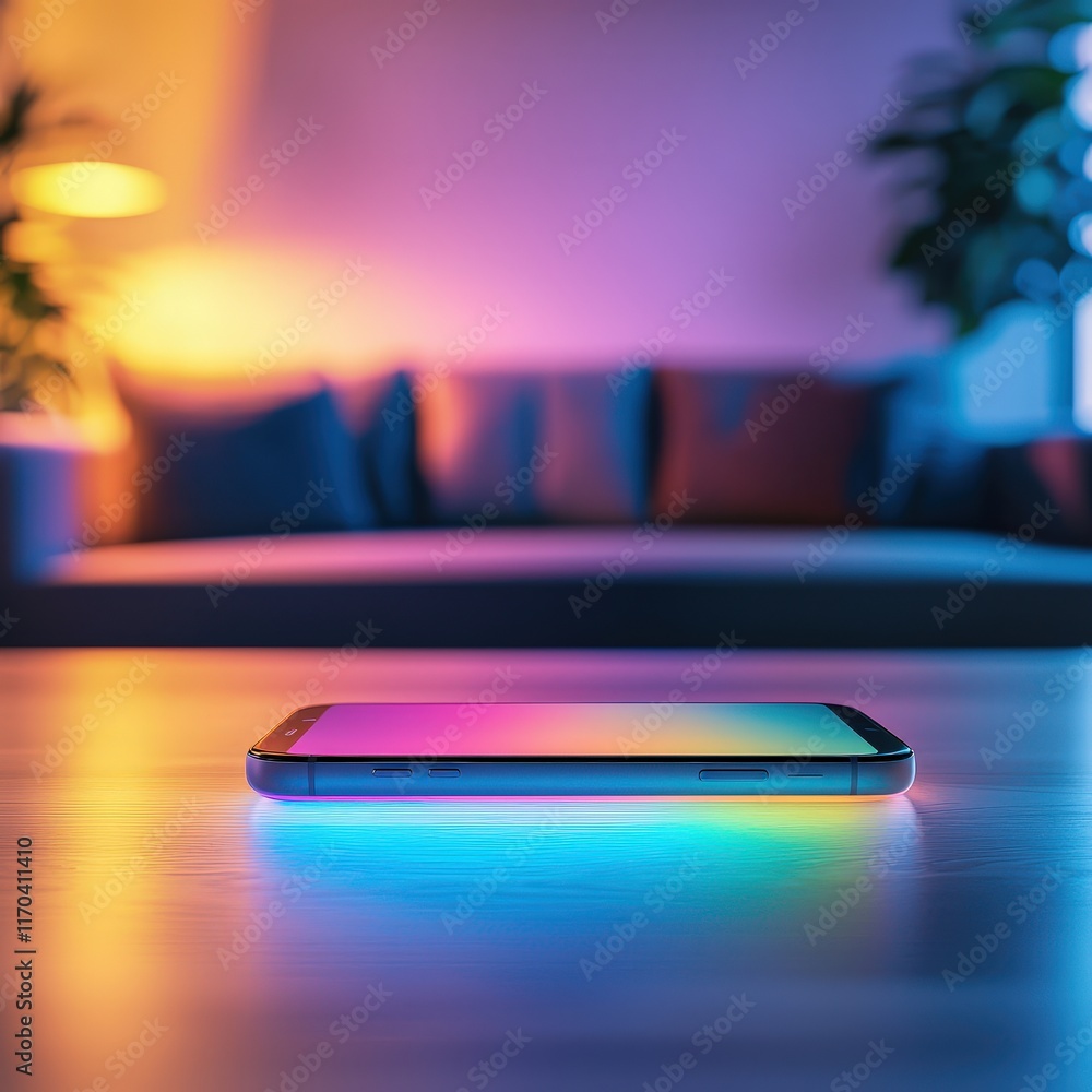 A smartphone controlling the brightness and color of smart LED lights in a modern room. A smartphone controlling the brightness and color of smart LED lights in a modern room.