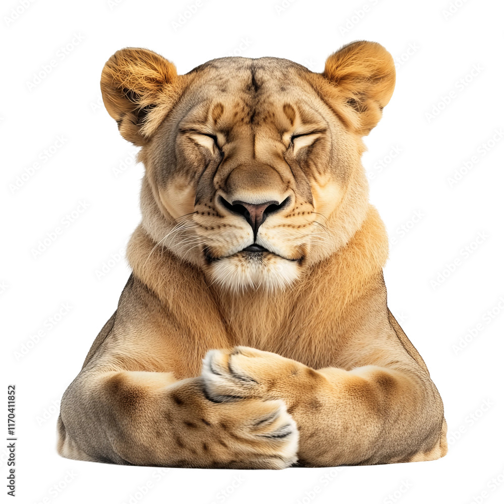 A lioness lying down with her front paws crossed gracefully, her eyes half-closed in a state of relaxation. Isolated on white background A lioness lying down with her front paws crossed gracefully, her eyes half-closed in a state of relaxation. Isolated on white background