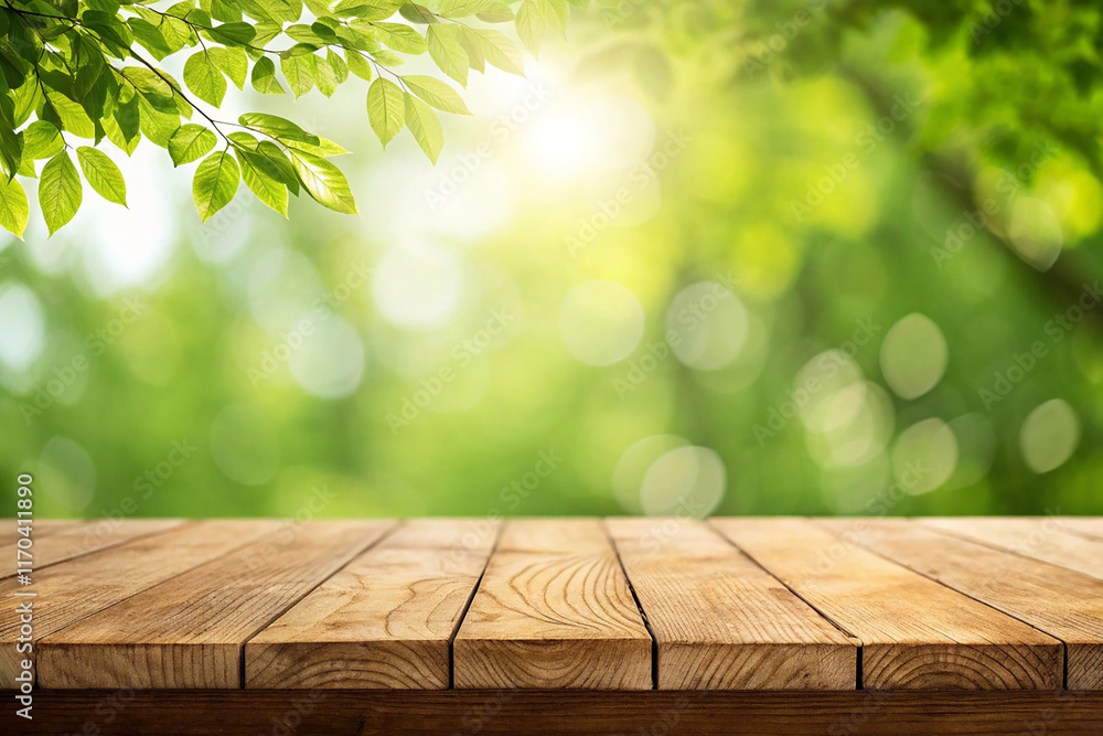 Close up top wooden table with sunny abstract green nature background, blurred bokeh Close up top wooden table with sunny abstract green nature background, blurred bokeh