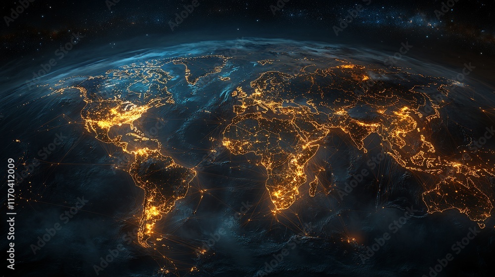 Obraz premium Earth at night, city lights illuminating continents, space background, global perspective
