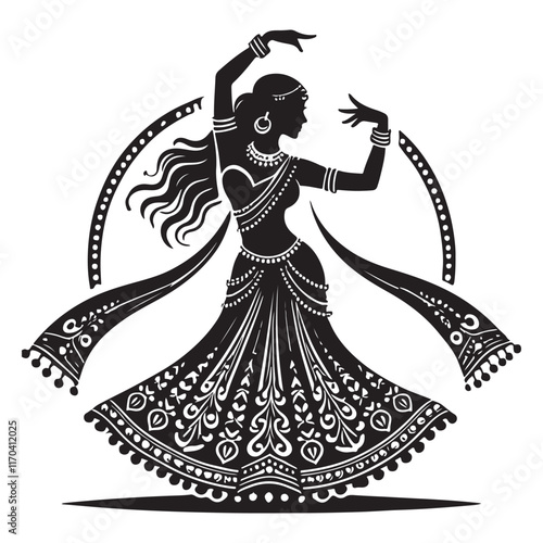 Bollywood Dance Silhouette Vector Illustration, Solid White Background.
