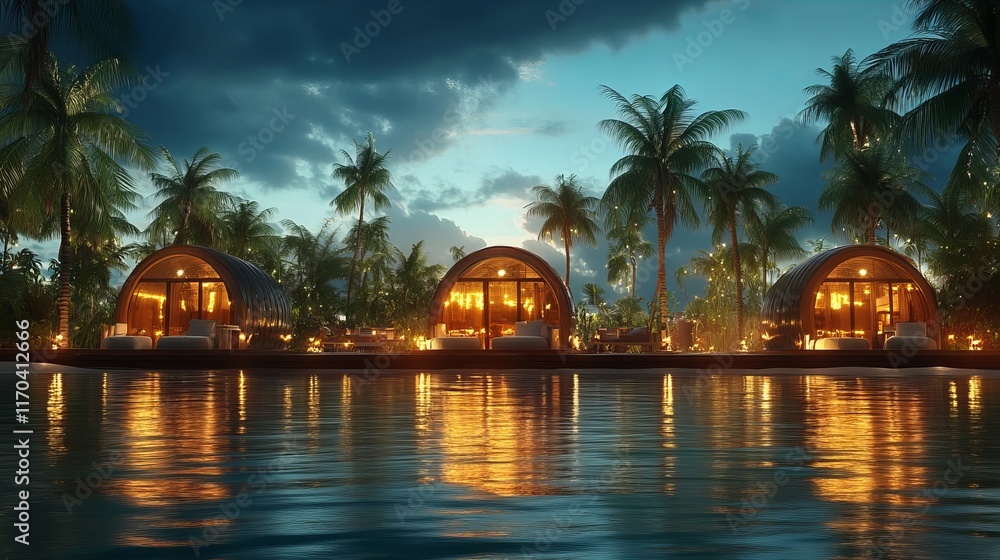 Obraz premium Tropical resort at dusk with luxurious cabins and palm trees reflecting in water