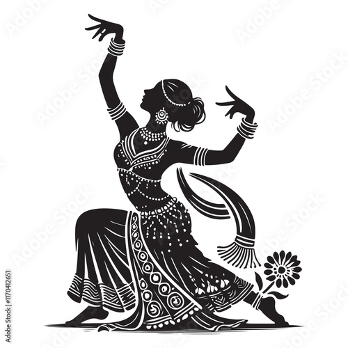 Bollywood Dance Silhouette Vector Illustration, Solid White Background.