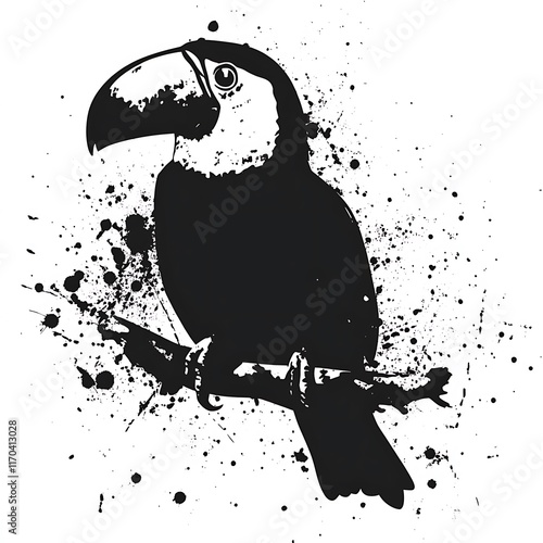 A stylized black and white illustration of a toucan on a branch. photo