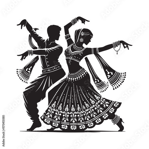 Bollywood Dance Silhouette Vector Illustration, Solid White Background.