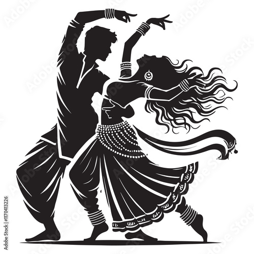 Bollywood Dance Silhouette Vector Illustration, Solid White Background.