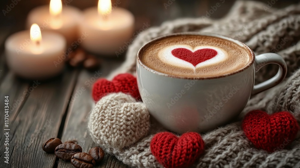 A cozy cup of coffee topped with a heart design, surrounded by love-themed decorations and soft candlelight, creating a warm, romantic atmosphere. A cozy cup of coffee topped with a heart design, surrounded by love-themed decorations and soft candlelight, creating a warm, romantic atmosphere.