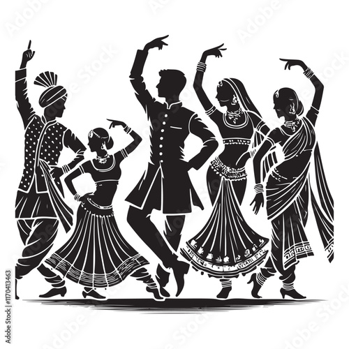 Bollywood Dance Silhouette Vector Illustration, Solid White Background.