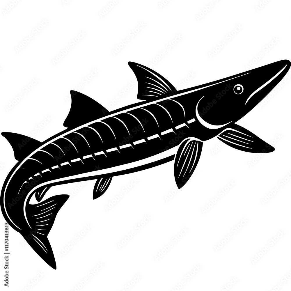 Siberian Sturgeon Silhouette on White Background Siberian Sturgeon Silhouette on White Background