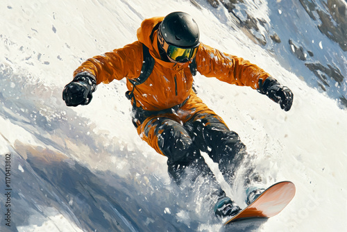 A skilled snowboarder in an orange and black suit glides down a snowy mountain, sending up clouds of powder photo