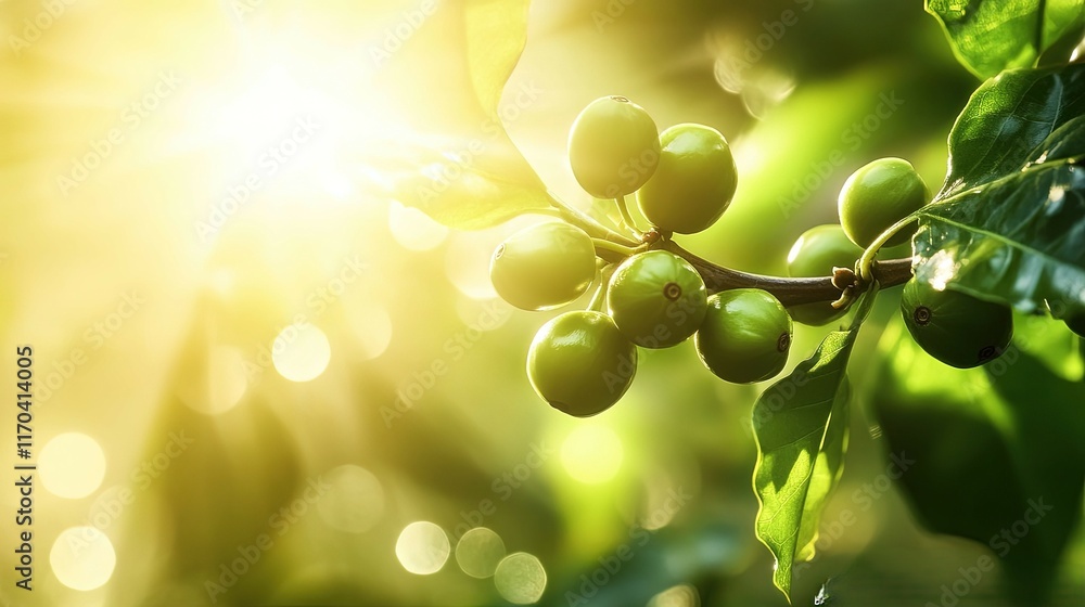 Bright green coffee cherries ripening on a branch, with the early morning mist glowing in the sunlight. Bright green coffee cherries ripening on a branch, with the early morning mist glowing in the sunlight.