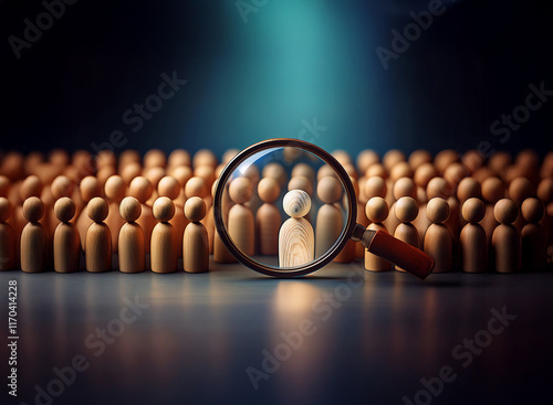 A magnifying glass focuses on a single light-colored figure within a crowd of similar, darker figures.  This symbolizes the search for a specific individual or unique talent. photo