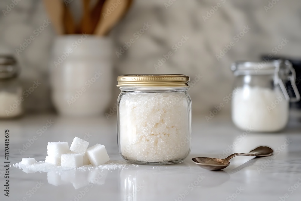 White sugar granules in a clear jar, placed on a kitchen countertop with sugar cubes and a vintage spoon next to it White sugar granules in a clear jar, placed on a kitchen countertop with sugar cubes and a vintage spoon next to it