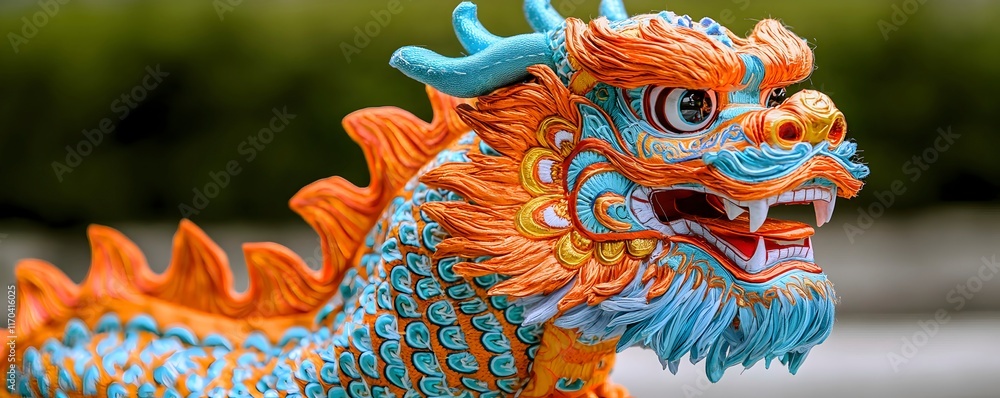 Fototapeta premium Vibrant Decorative Dragon Sculpture in Bright Colors