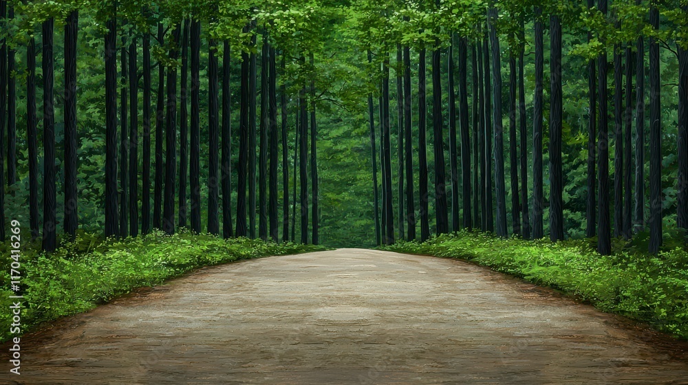Fototapeta premium Serene Tree-Lined Path in Lush Green Forest Landscape