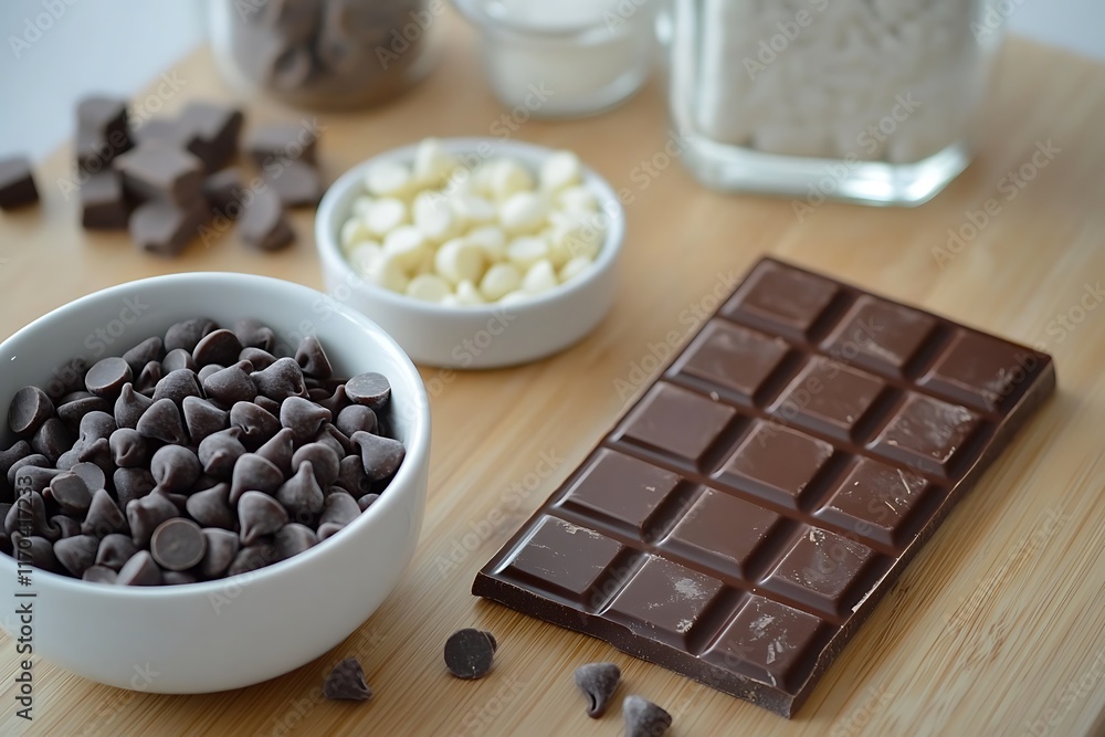 Fototapeta premium A bar of milk chocolate and a small dish of chocolate chips placed on a wooden countertop, with ingredients for baking nearby