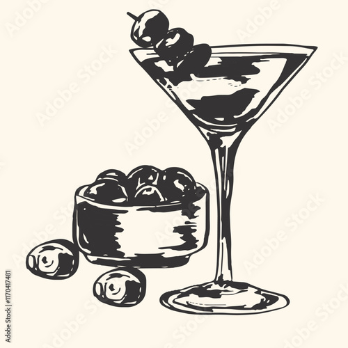 Hand-drawn illustration of dirty martini cocktail drink. Ideal for bar menus, drink recipe cards, or cocktail-related branding projects.