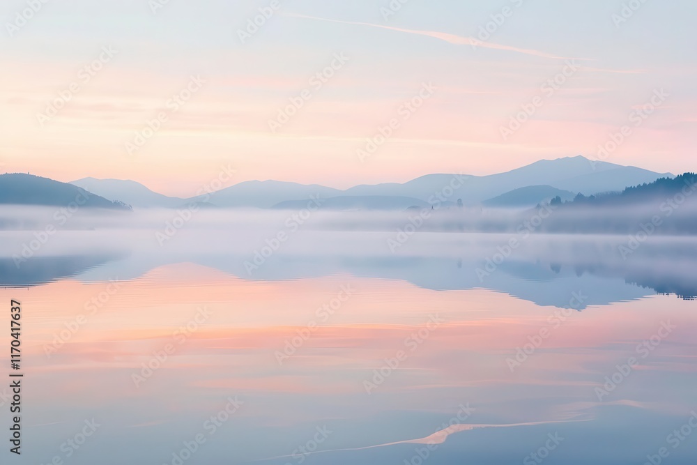 Obraz premium A serene landscape at dawn with mist over a calm lake and distant mountains.